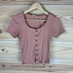 Active USA Top Womens Large Mauve Pink Ribbed Button‎ Baby Tee Y2K Balletcore